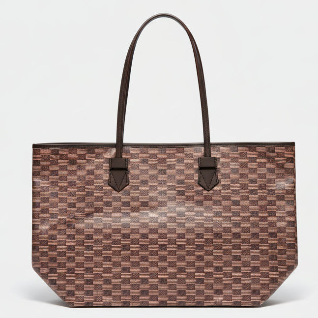 A chocolate brown tote bag with a textured pattern, featuring two handles and a chain closure.