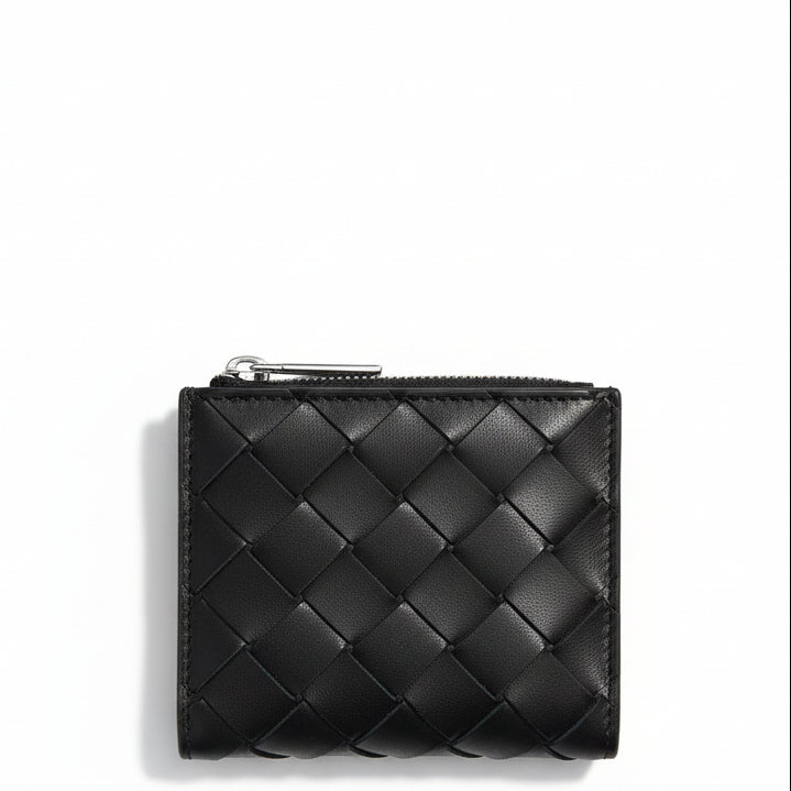 Bottega Veneta Bi-Fold Compact Wallet Zip Round , Black(S