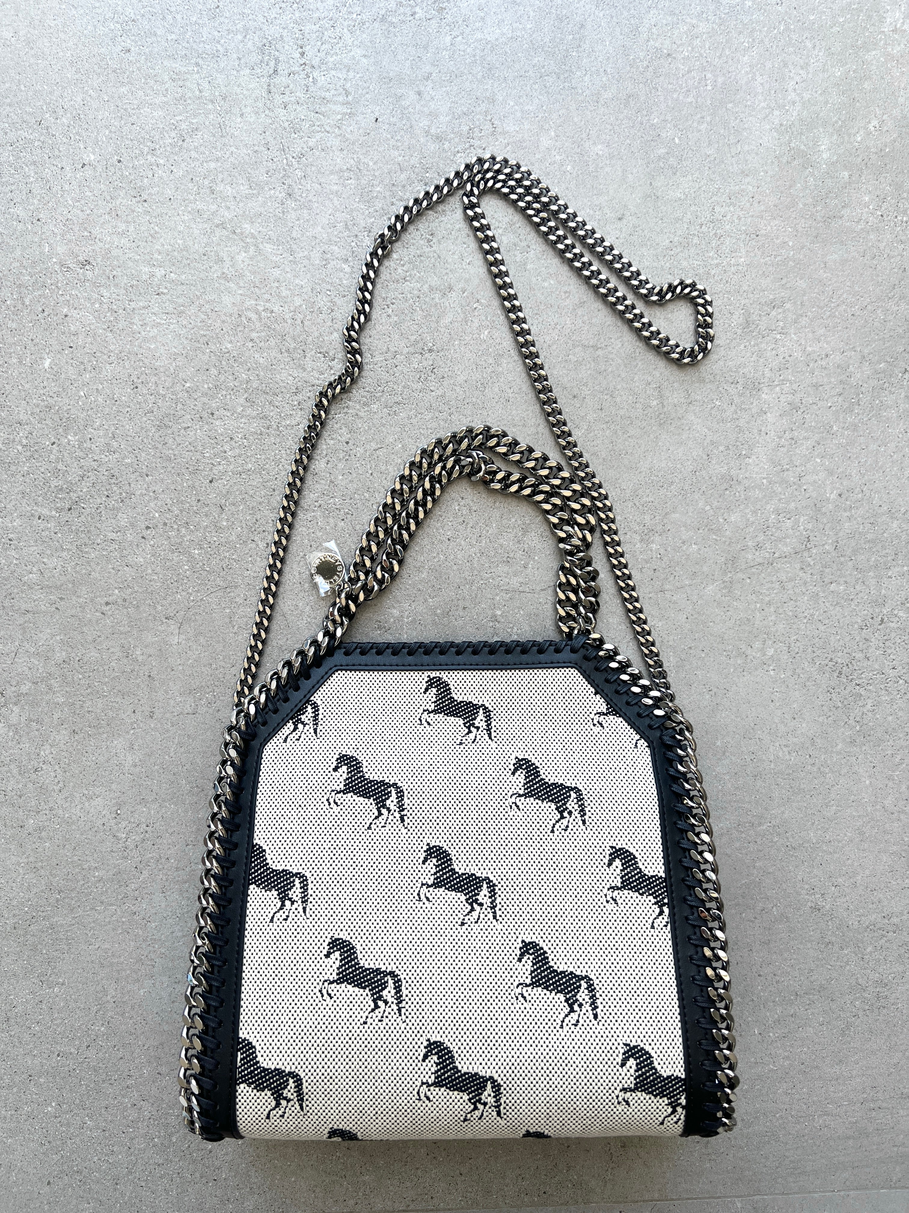 Stella McCartney Falabella Mini Tote Horses Jacquard, Cream/Black