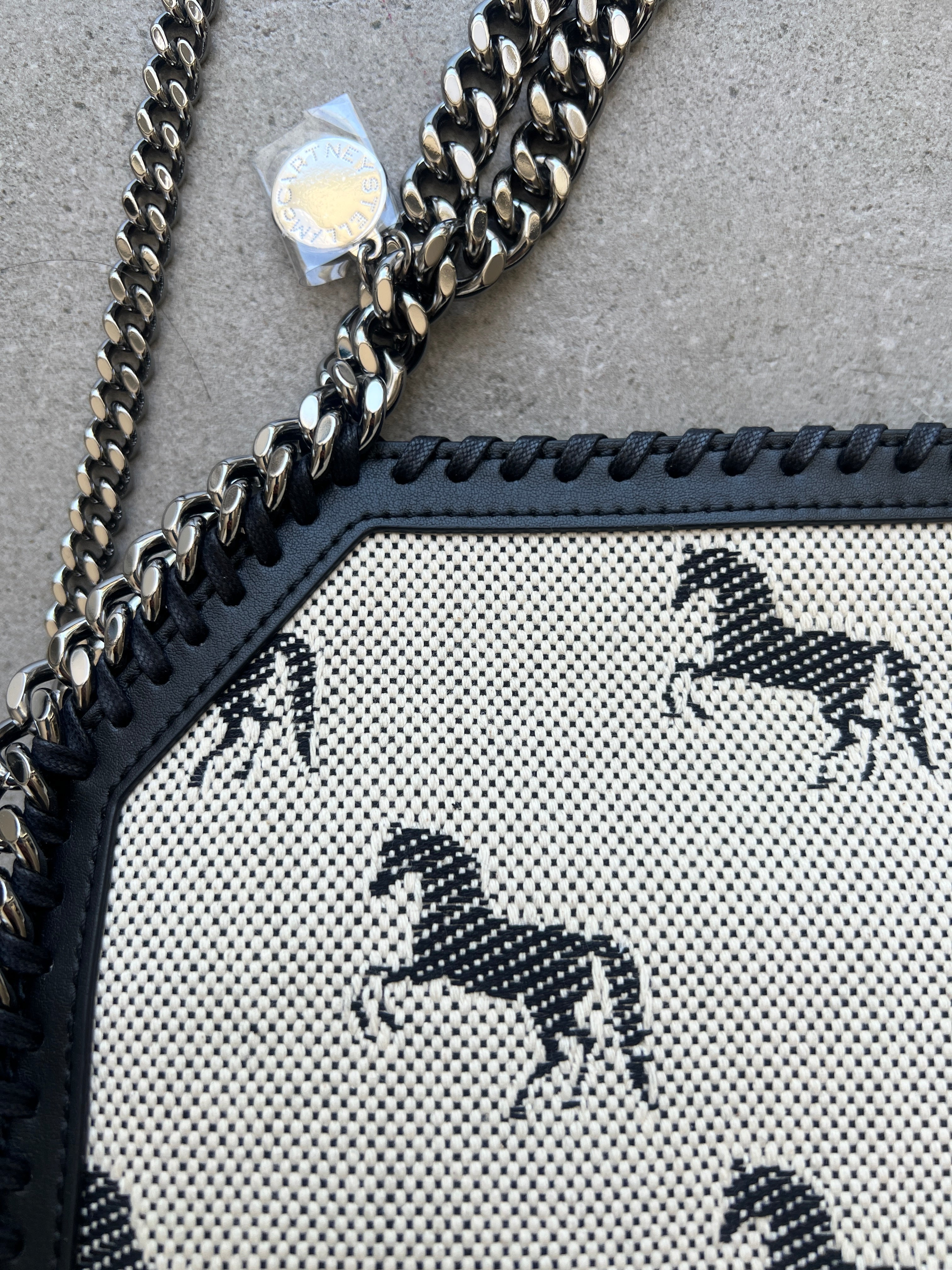 Stella McCartney Falabella Mini Tote Horses Jacquard, Cream/Black Stella McCartney Falabella Mini Tote Horses Jacquard, Cream/Black
