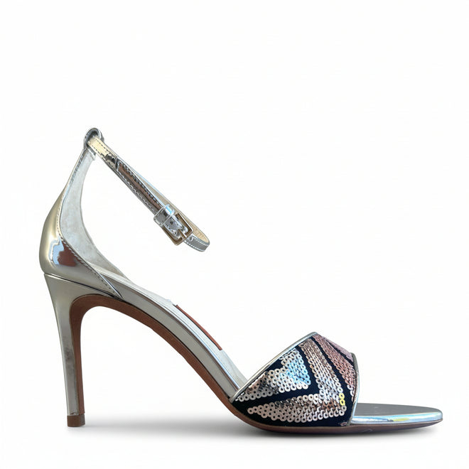 Belle Heel Sequin Sandal, Silver
