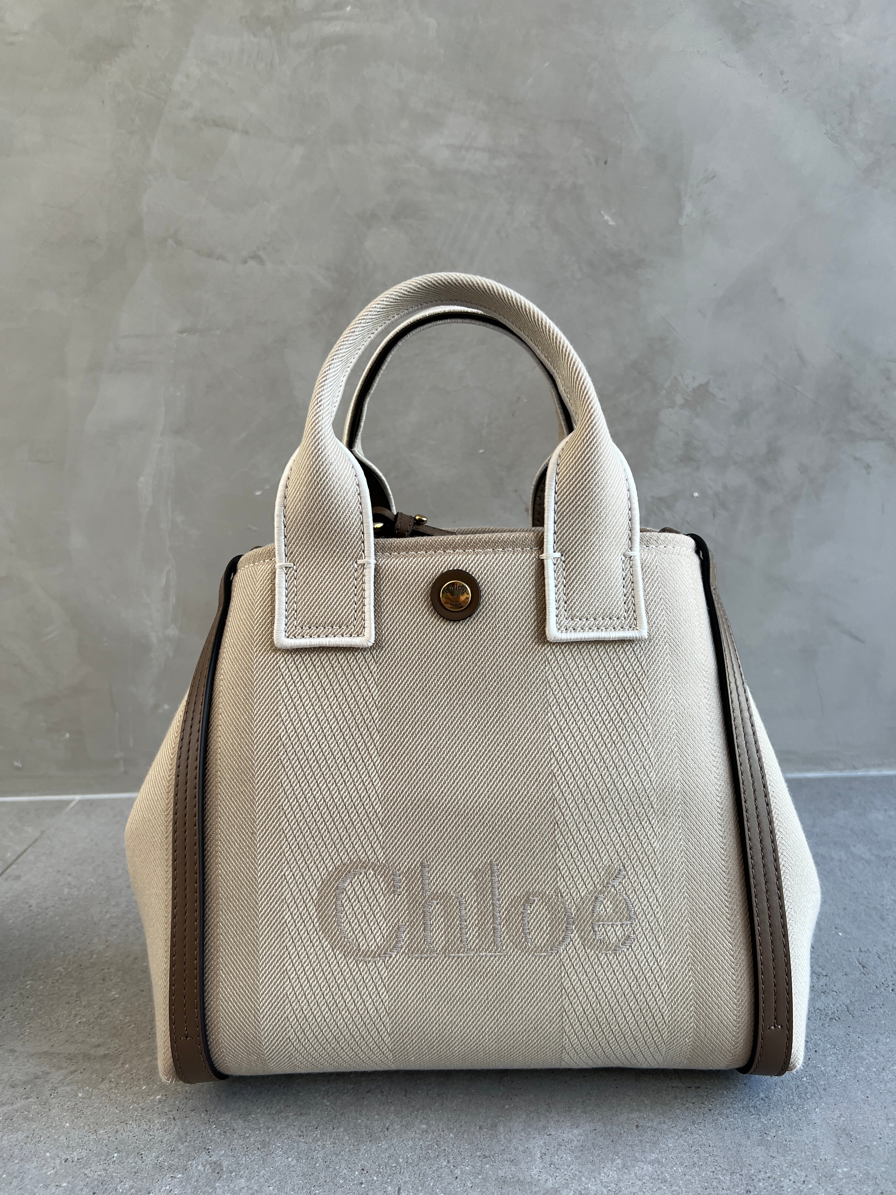 Chloe Carry Small tote bag in beige striped canvas