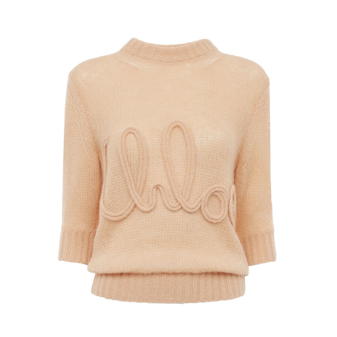 Embroidered Alpaca Silk Logo Sweater, Peach Orange