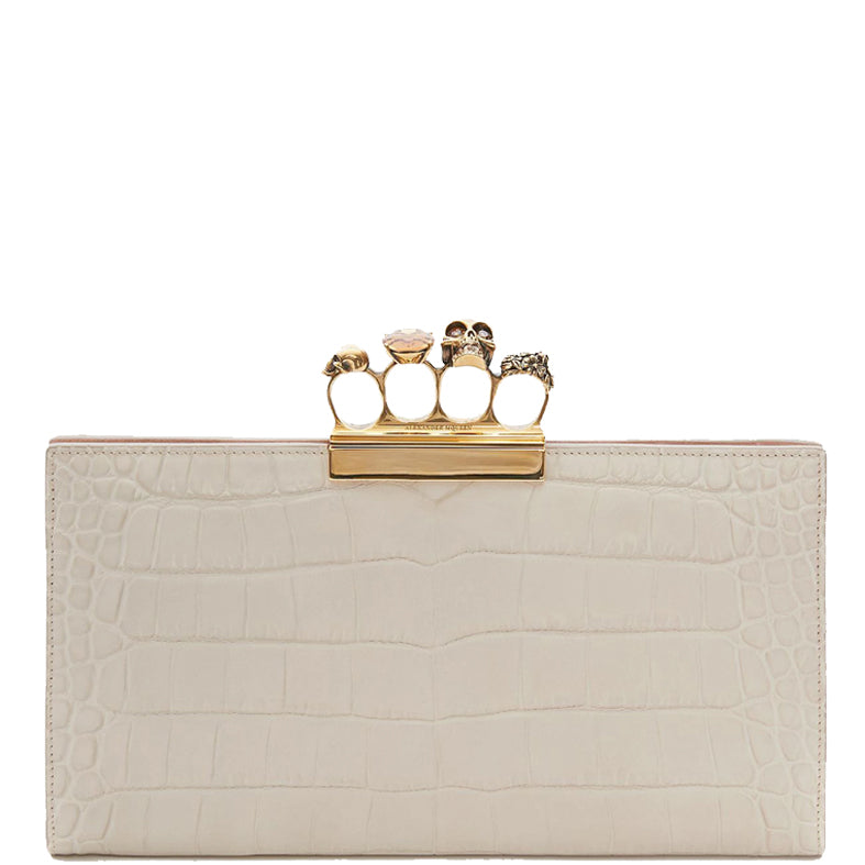 4 Ring Clutch Large Croc White Bone Gold