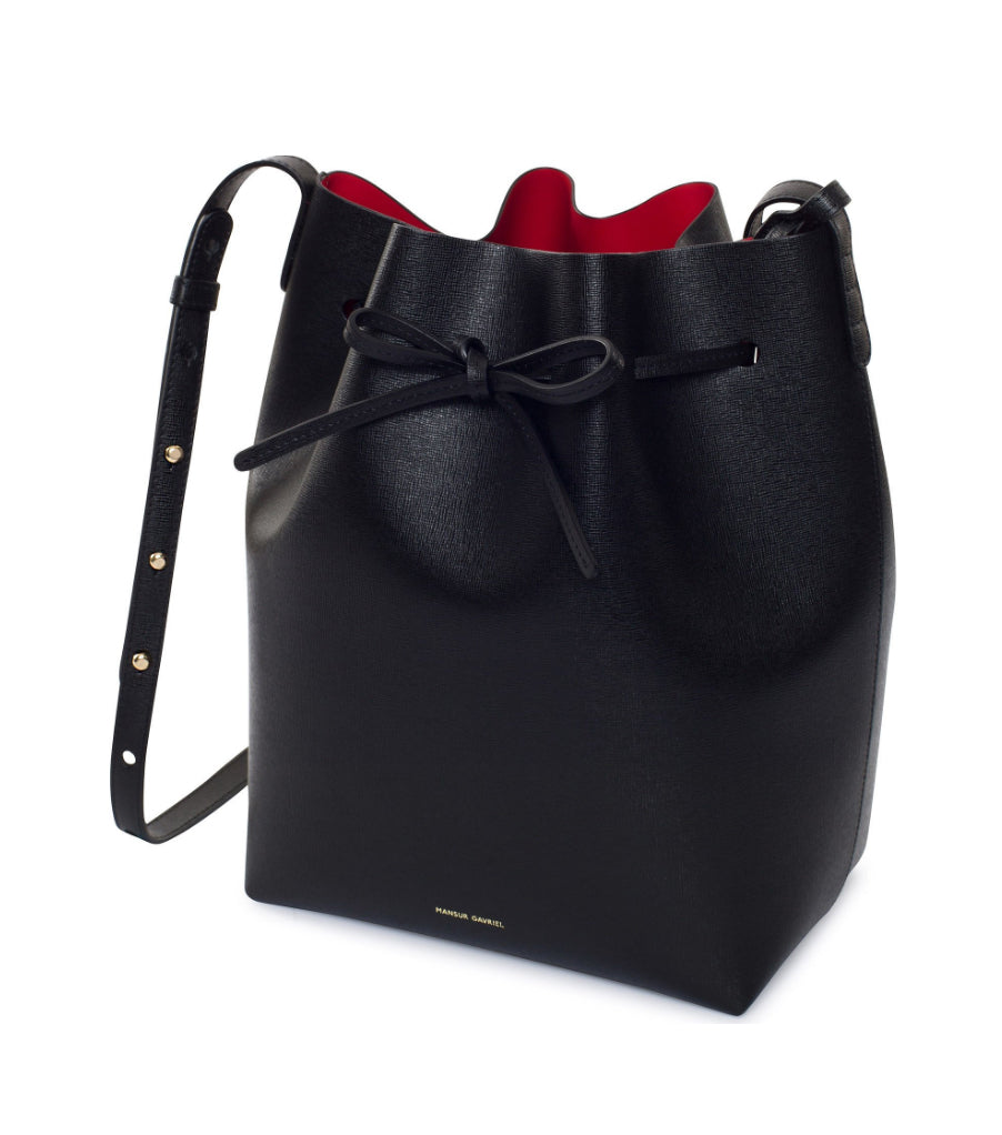 Black bucket bag with red interior hotsell