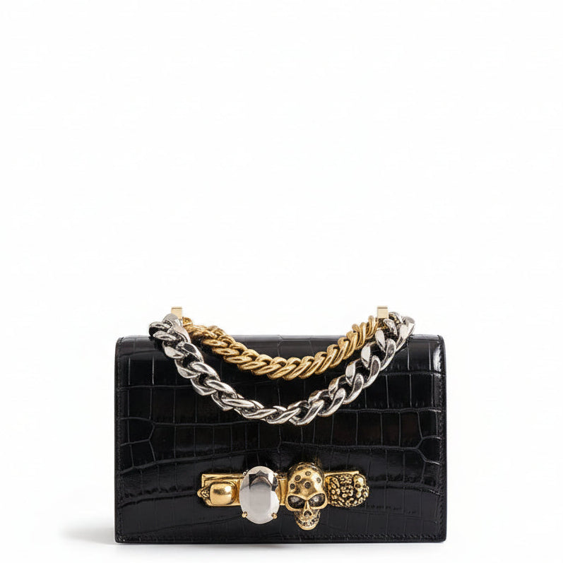 K*i様 Alexander McQueen chain tailored ja Alexander McQueen Chain Jewelled Knuckle Satchel Mini, Croc Black