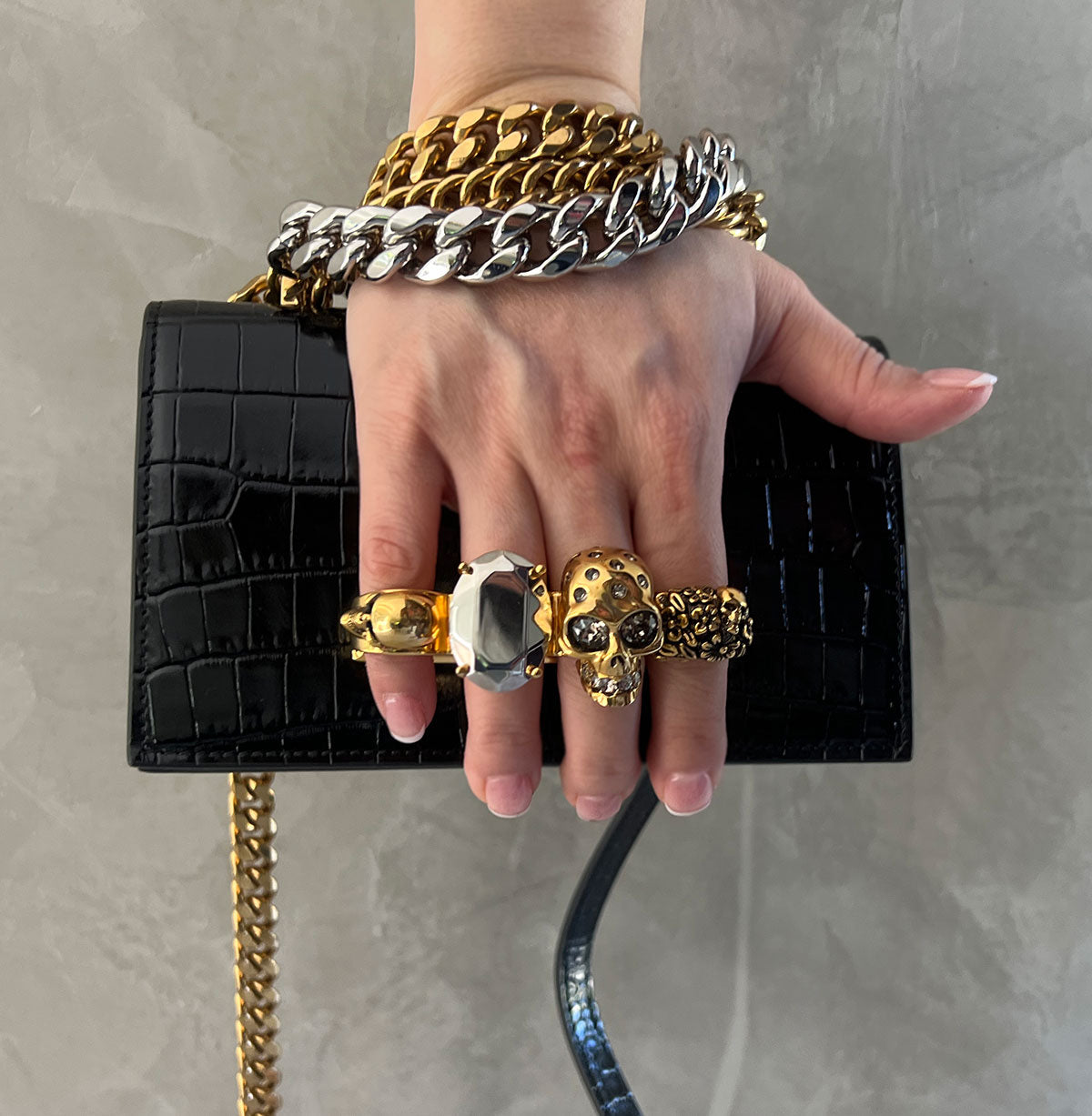 Alexander McQueen Jewelled Knuckle Satchel Mini, Croc, Black/Gold