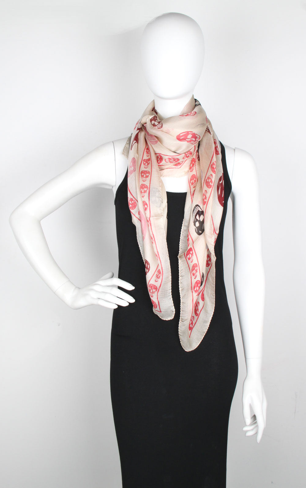 Tri colour Skull Scarf Silk Chiffon Cream Red Burgundy